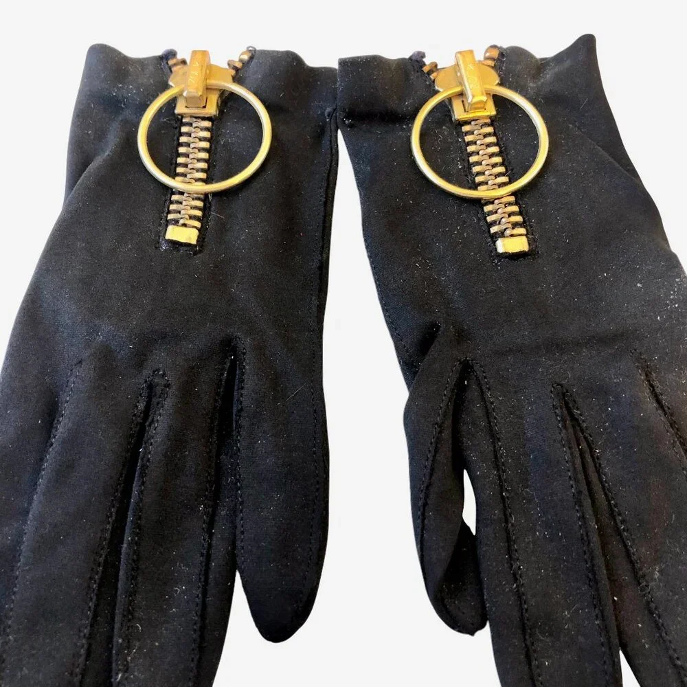 Vintage Womens Pair of Hand Gloves Black Fabric with Zipper size 6